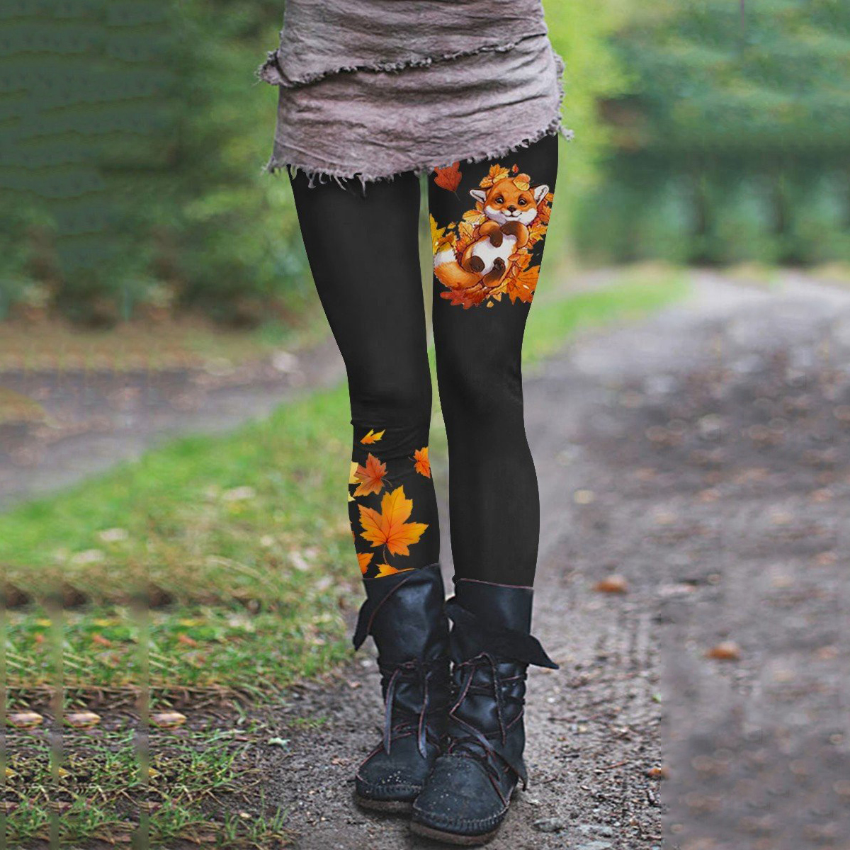 Women's Casual Cute Maple Leaf Fox Print Casual Leggings artswardrobe