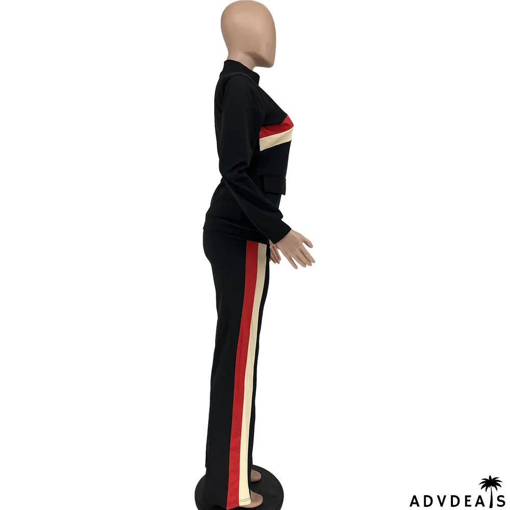 Plus Size Zipper Long Sleeve 2 Piece Pants Sets