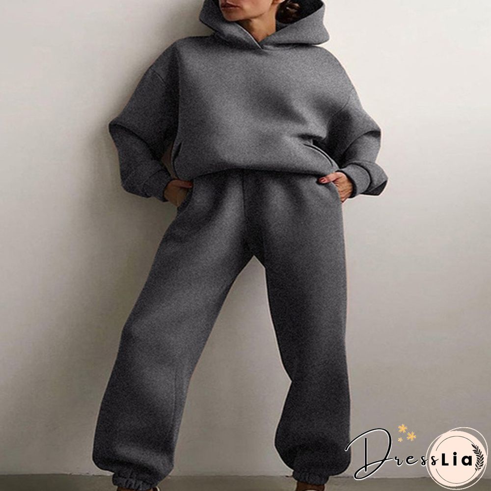 Women Hoodies Two Piece Set Long Sleeve Solid Casual Pocket Sweater Suit Spring Elastic Sport Pants Female Tracksuit
