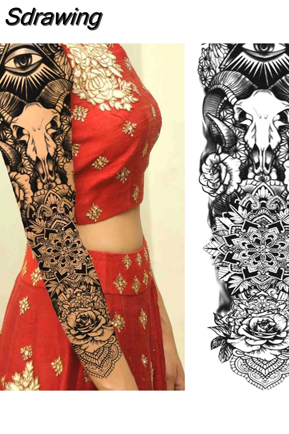 Sdrawing Totem Temporary Tattoo Sleeve For Men Women Adult Fake Flower Shoulder Tatoos Sticker Black Skull Tattoos Big Full Arm 521-0