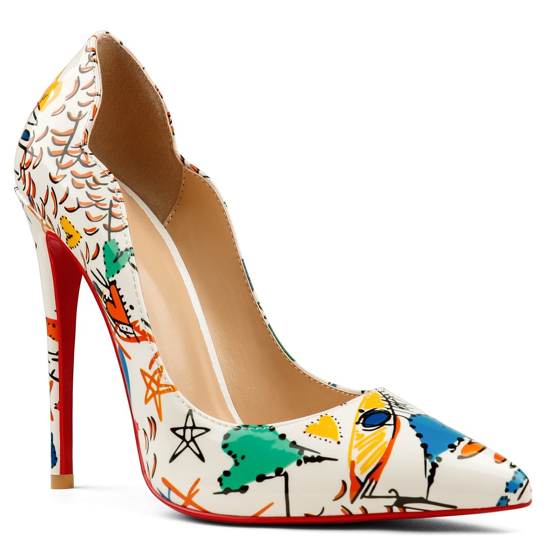 100mm/120mm Women's Pointed Toe V-Cut Shaped Graffiti Print Pumps Red Bottom Shoes-vocosishoes