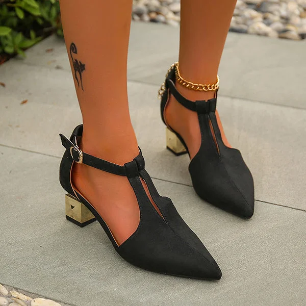 HUXM Pointed Toe T Strap Suede Low Heels