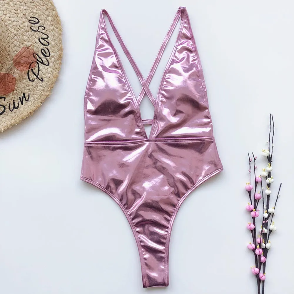Sexy Deep V Pu Faux Leather High Leg Cut Monokini Women Swimwear One Piece Swimsuit Female Bather Bathing Suit Swim Lady