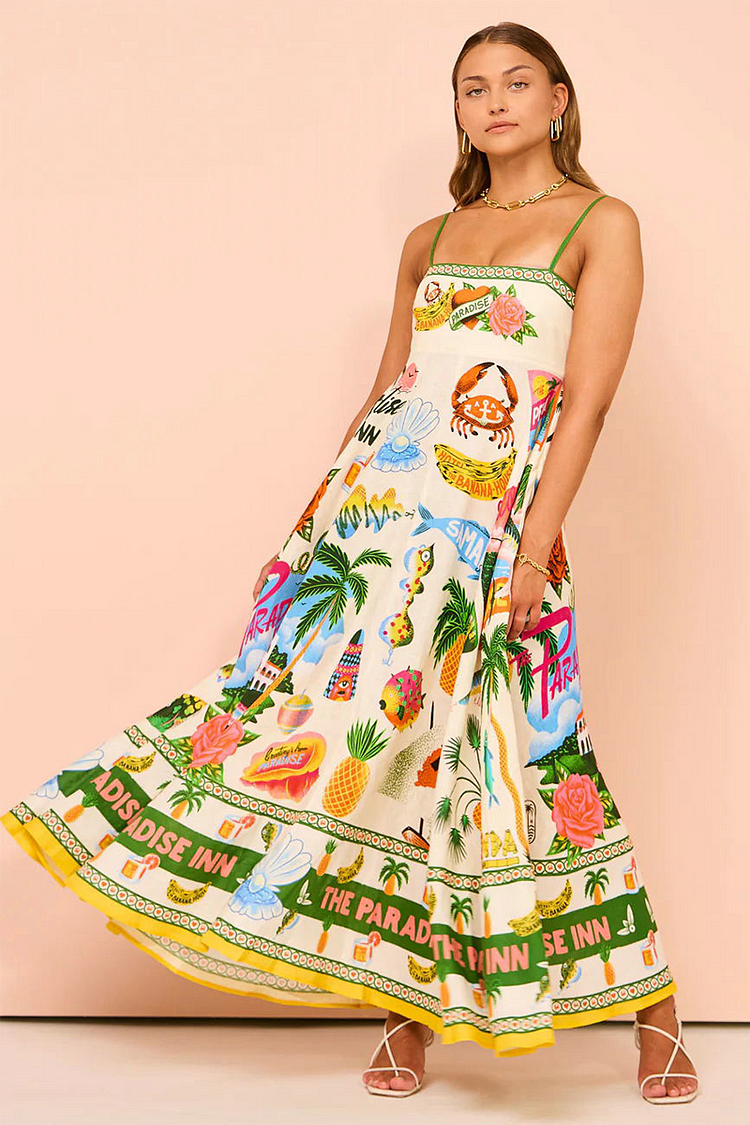 Vacation Mixed Print A-Line Spaghetti Strap Flowy Maxi Dresses-Beige