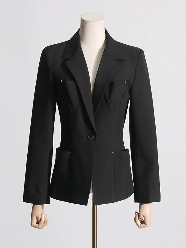 Toloer Toloer Temperament Casual Small Suit Female 2024 Spring New Fashion V Collar Long Sleeve Design Feeling Small Black Coat-Outfit Ideas