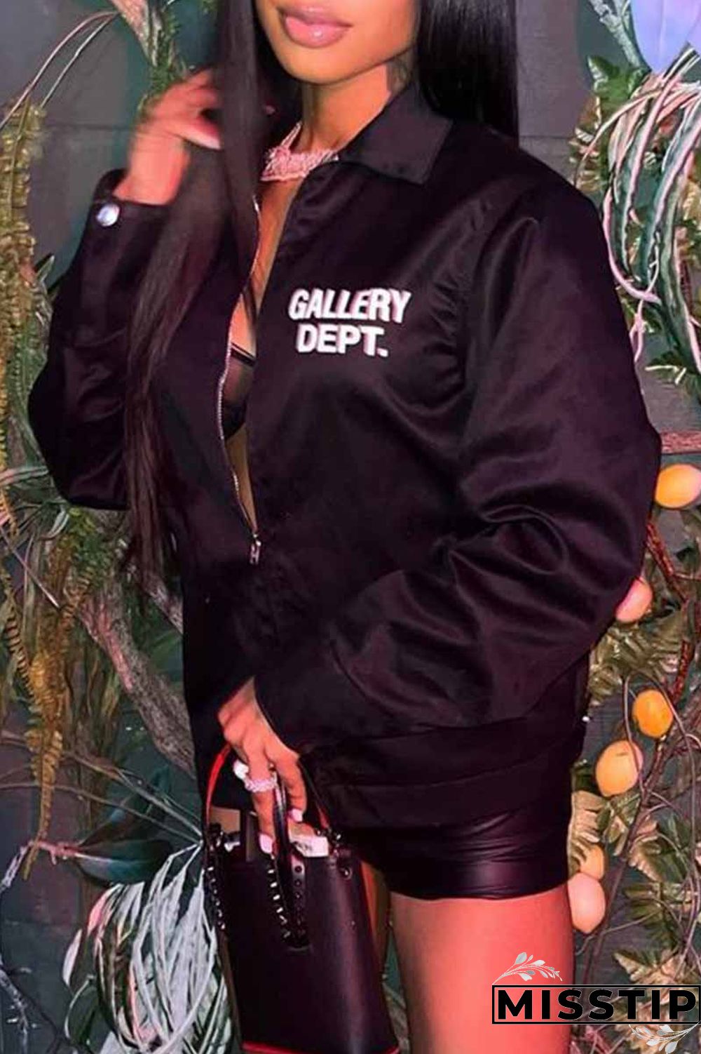 Black Street Print Letter Turndown Collar Outerwear