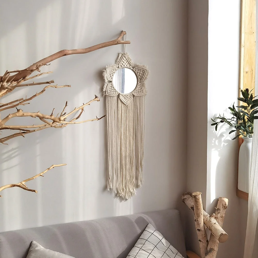 Boho Mirror Home Decor Aesthetic Macrame Wall Hanging Decorative Wall Mirrors For Apartment Livingroom Bedroom Room Decoration