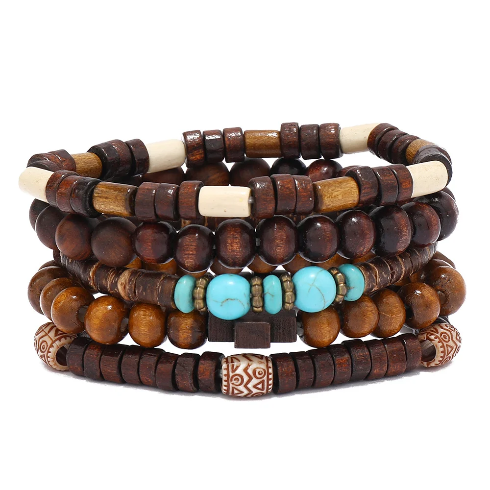 Men's Vintage Cross Multi-layered Wooden Bead Bracelet-inspireuse