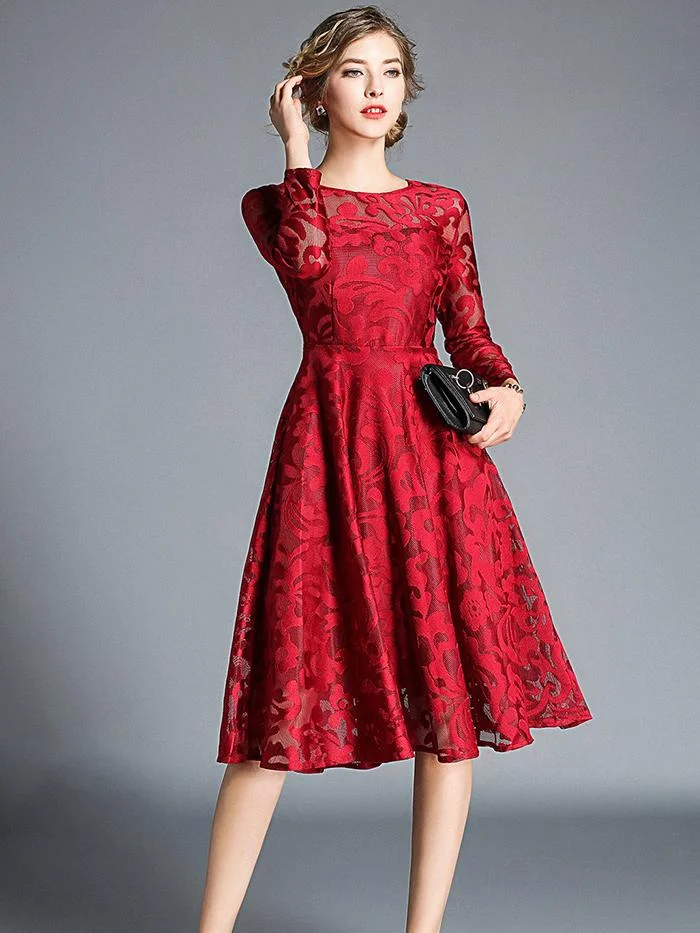 Temperament mid-length lace big swing long-sleeved dress