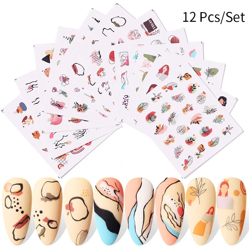 Harunouta 12Pcs Gradient Geometry Line Water Decals Set Pink Blue Colorful Whirlpool Wave Stickers Sliders Nail Art Decorations