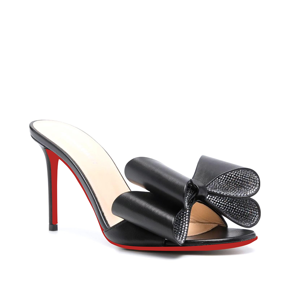 100mm/3.94 Inch Women's High Heel Mules Rhinestone Bowknot Backless Stiletto Heel Slippers Sexy Summer Heeled Red Bottom Sandals-vocosishoes
