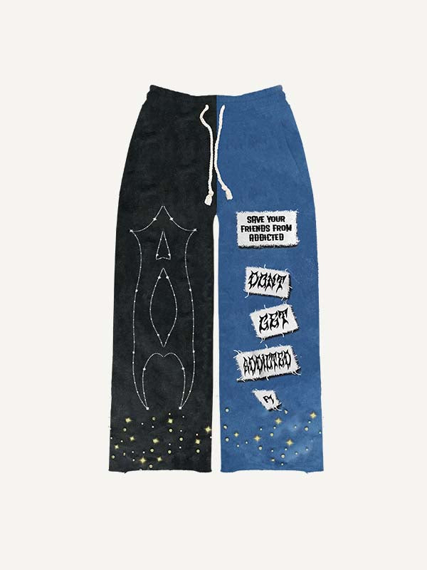 Colorblock Graphic&Letter Faux Decal Faux Rhinestones Print Elastic Waist Pants