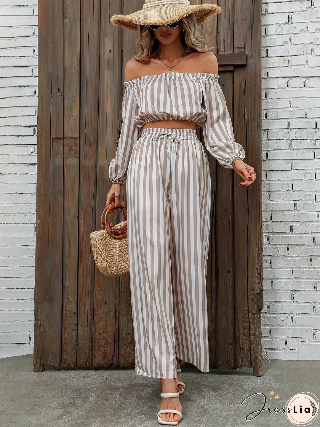 Striped Print Casual Two-piece Set, Off Shoulder Long Sleeve Tops & Wide Leg Drawstring Pants Outfits, Women's Clothing