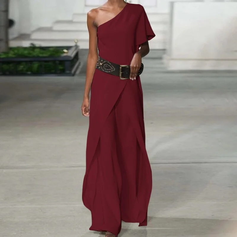 Feminino Fashion Sexy One Shoulder Sleeve Playsuits Asymmetrical Ruffles Solid Women Jumpsuits ZANZEA Overalls