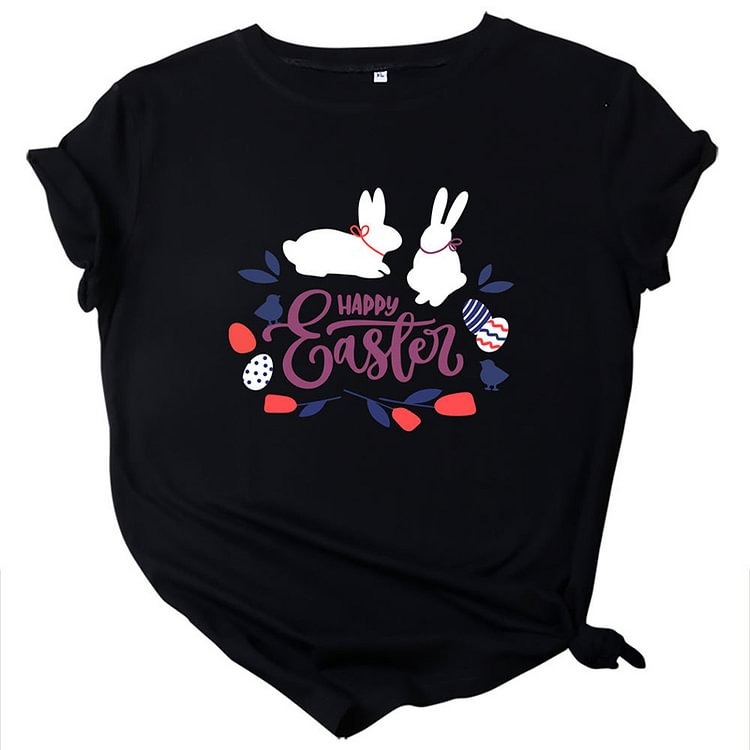 HAPPY EASTER Letter Rabbit Print Cotton T-shirt - Modakawa 