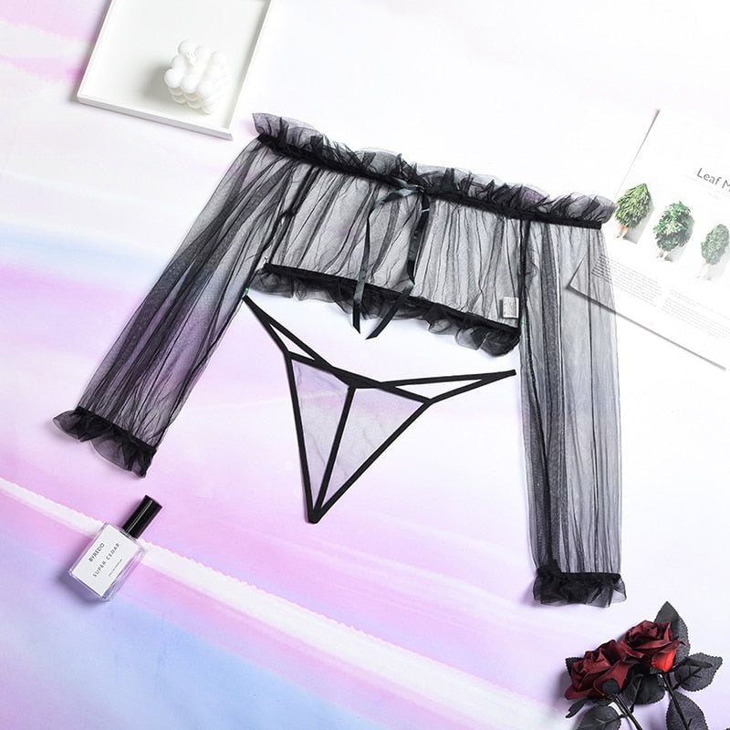 Ellolace Off Shoulder Sensual Lingerie Ruffled Transparent Exotic Costumes Long Sleeve Lace Hot Sexy Sissy Top Thong Breves Sets 708-1