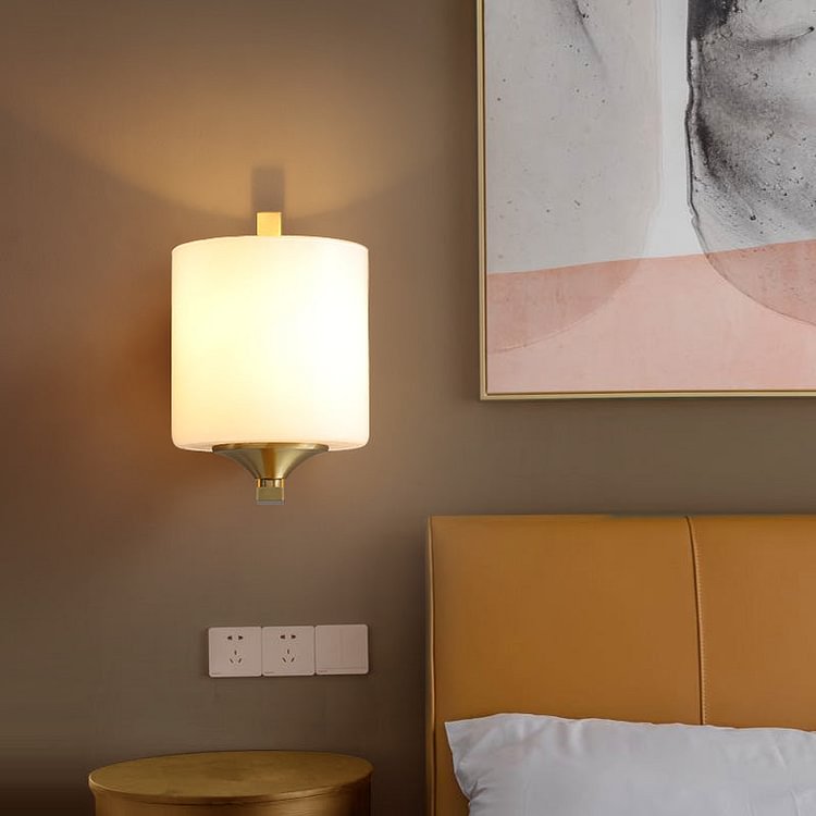 1 Light Drum Shade Wall Sconce Light Modernism Style White Glass Wall Lamp in Brass for Bedroom