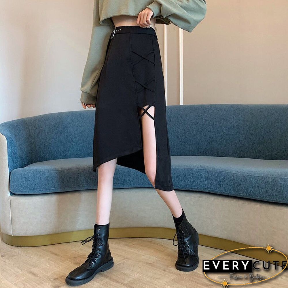 Vintage Irregular Gothic Skirt Women Summer High Waist Belt Harajuku Midi Skirt Casual Korean Elegant A-line Y2k Skirt New