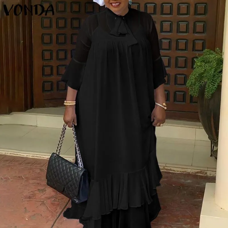 Women Solid Sleeveless Maxi Dress VONDA 2022 Summer Bow Neck Flare Sleeve Pleated Ruffled Long Party Sundress Bohemian Vestidos