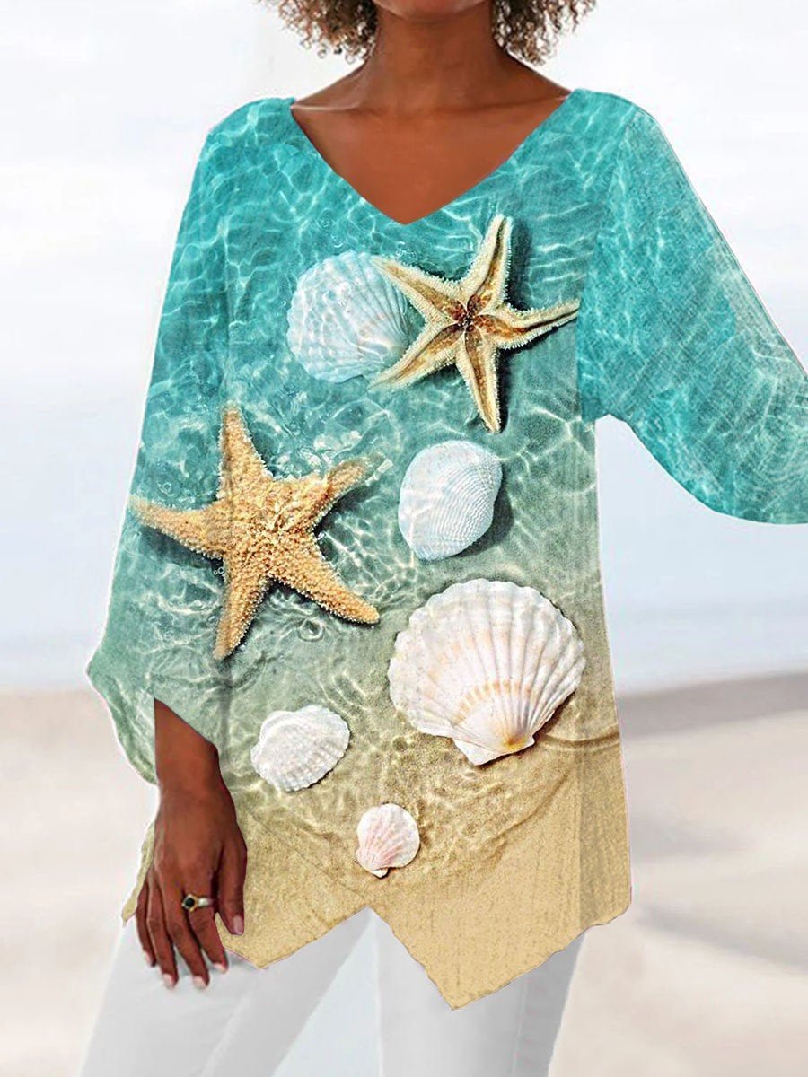 Women Asymmetrical 3/4 Sleeve V-neck Printed Graphic Top Dress