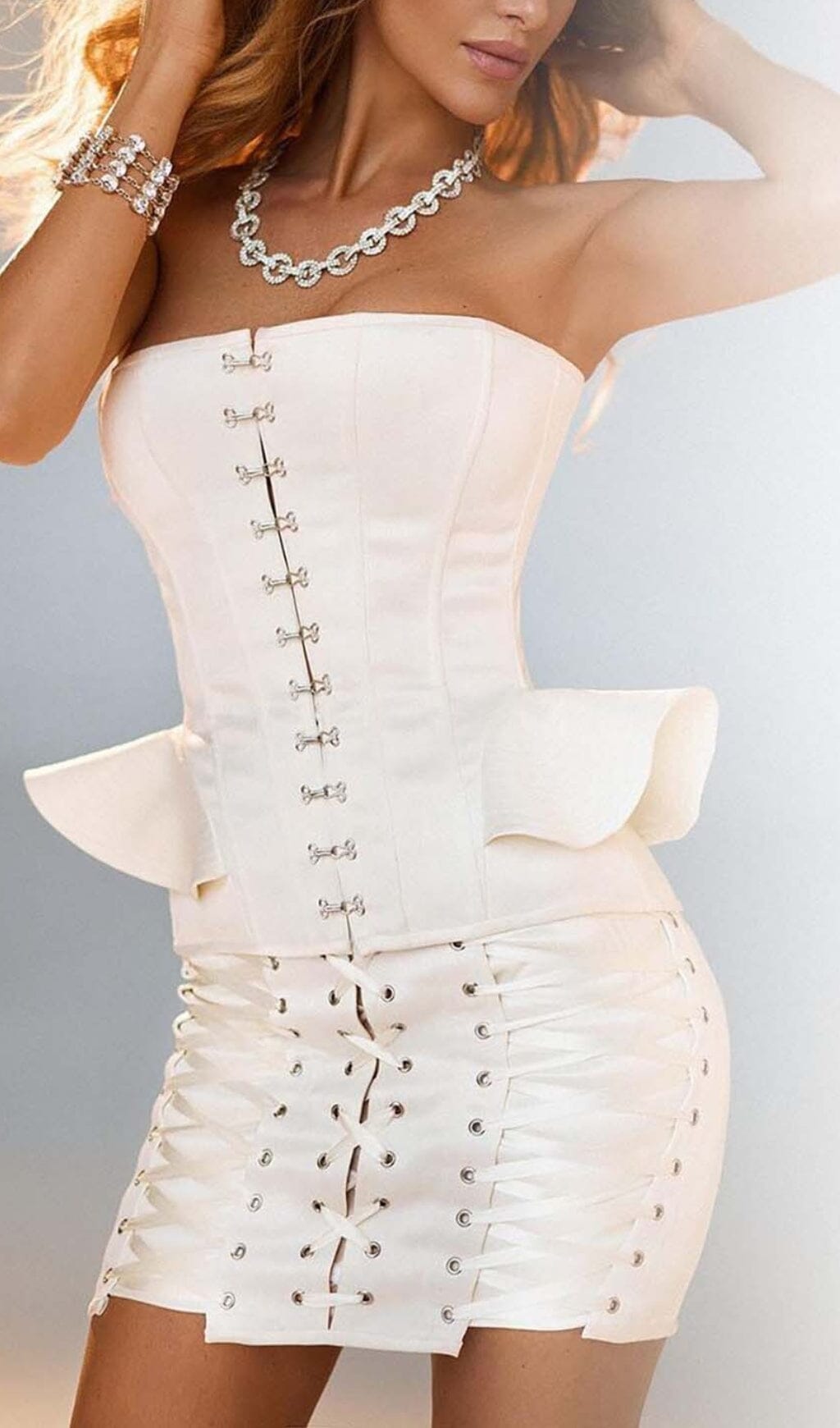 Lace-Up Off Shoulder Mini Dress In White Flowering Girl