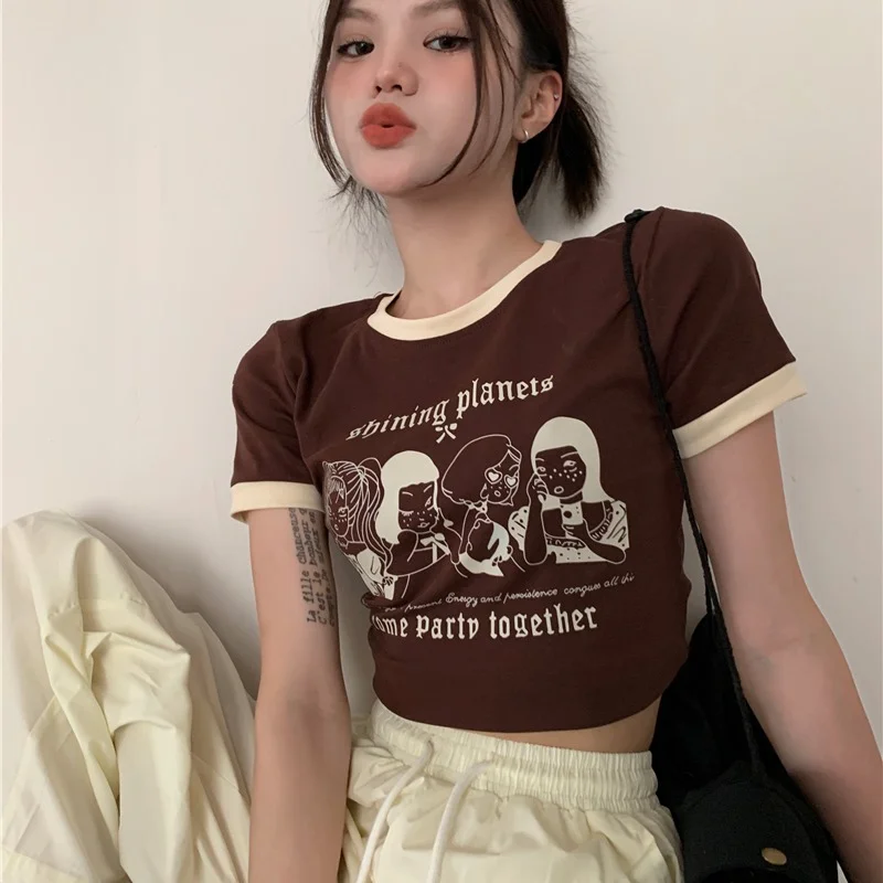 Brownm Brownm Summer Vintage Print T-Shirt Women's Color Round Neck Slim Short Sleeved Top Girl