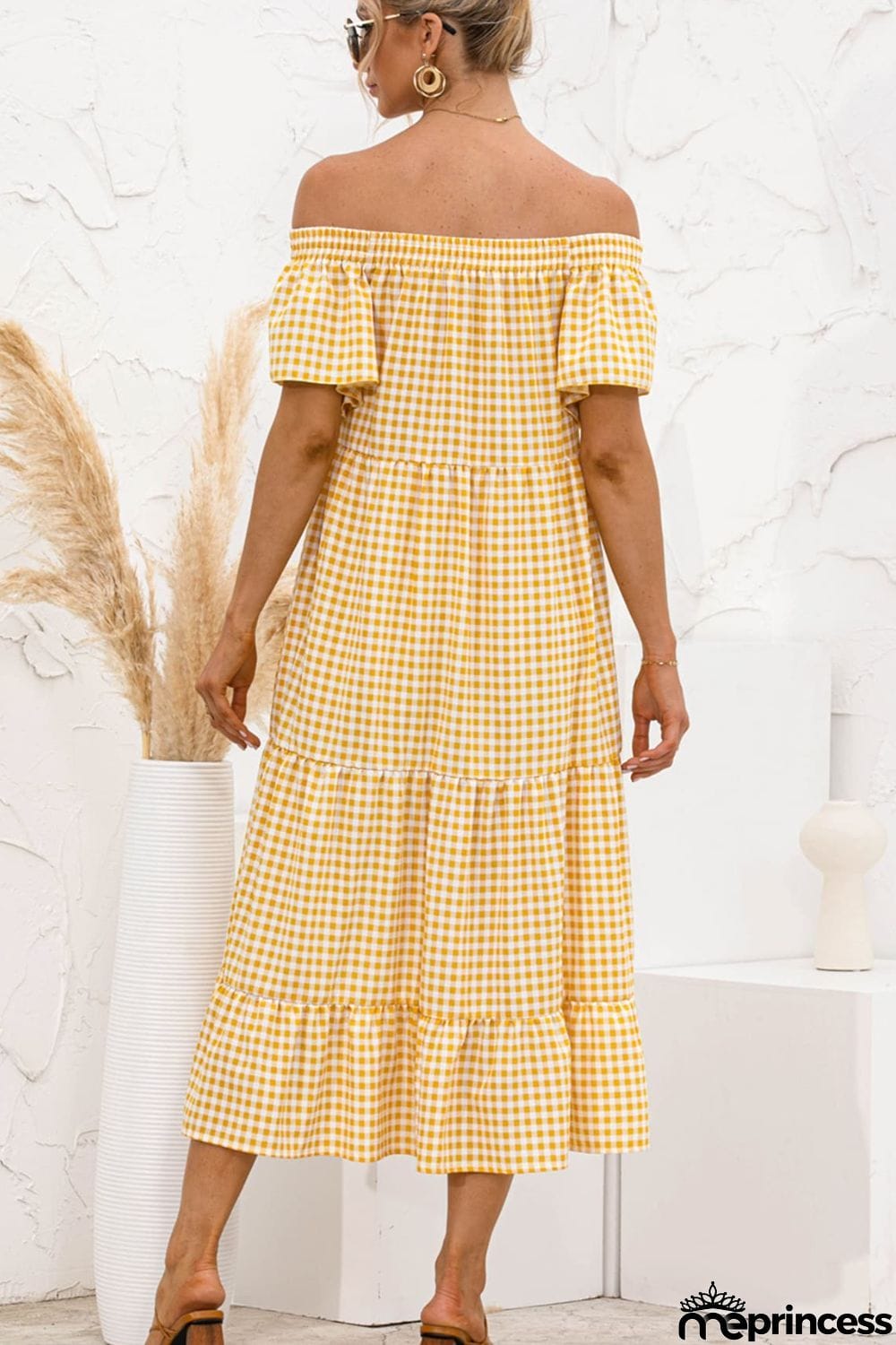 Gingham Off-Shoulder Tiered Midi Dress