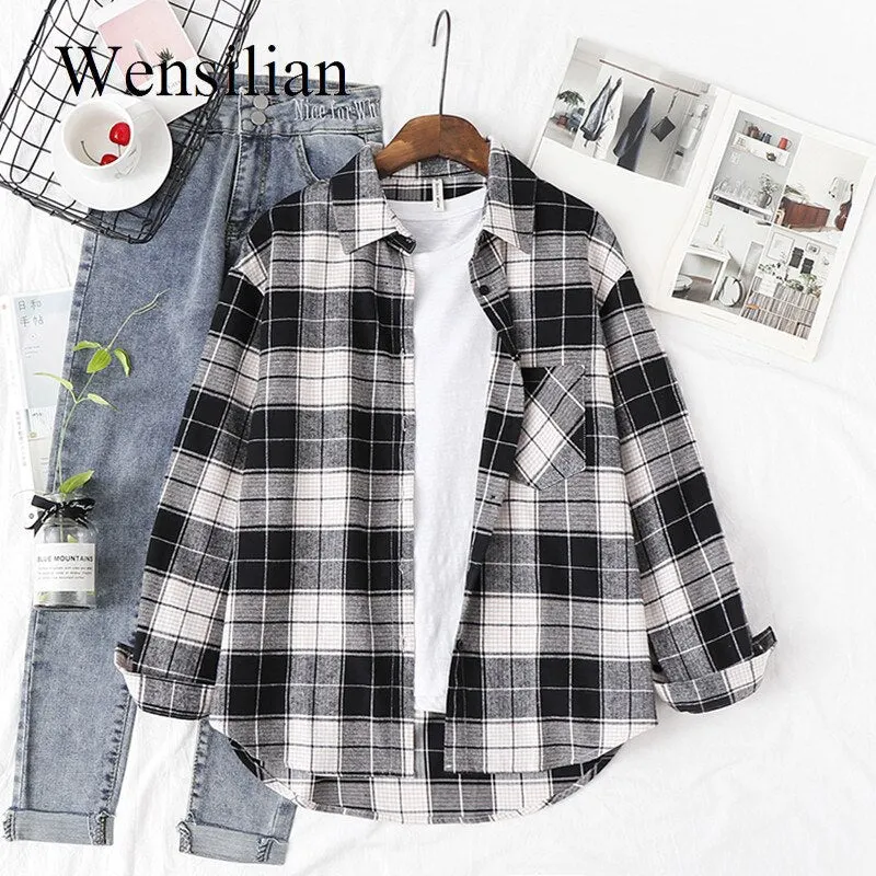 Plaid Shirts Womens Blouses And Tops Long Sleeve Female Casual Print Shirts Loose Cotton Checked Outwear Lady Spring Clothing