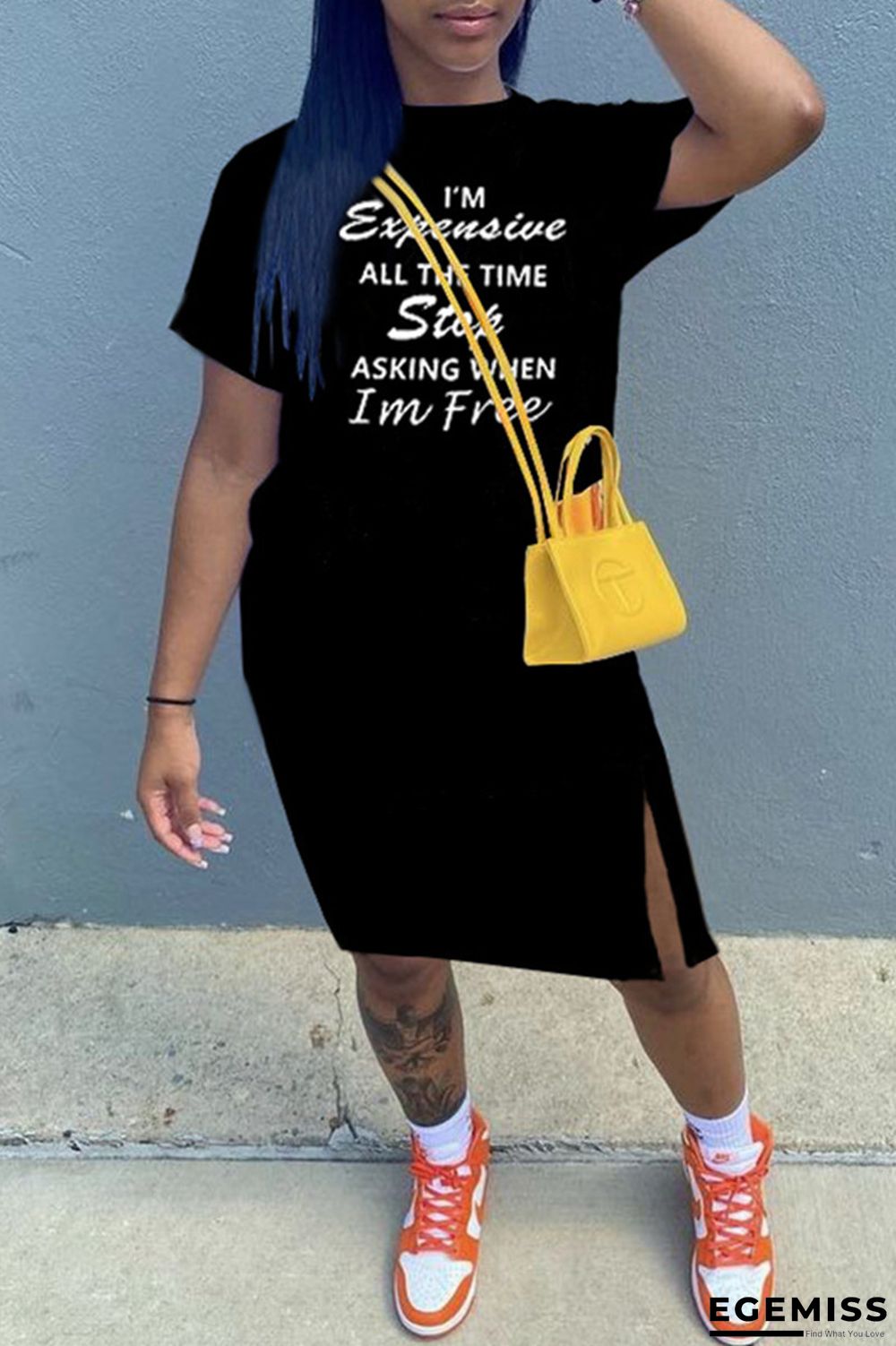 Black Fashion Casual Letter Print Slit O Neck Short Sleeve Dress | EGEMISS