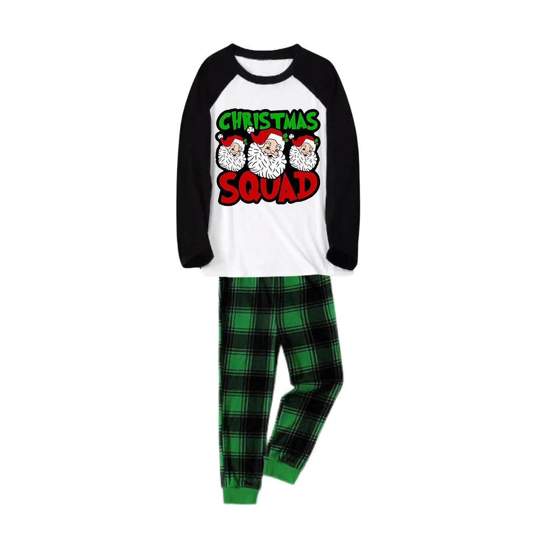 "Christmas Squad" and Santa Printed Green and Black Plaid Christmas Family Pajamas