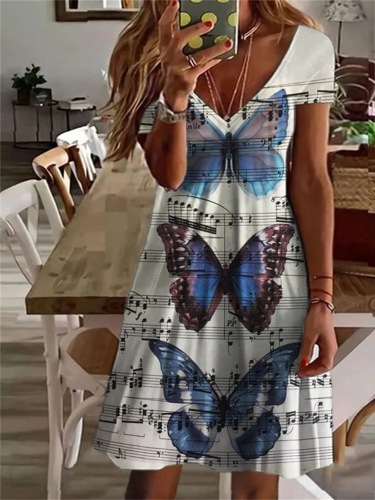 Butterflies On Sheet Music V Neck Midi Dress