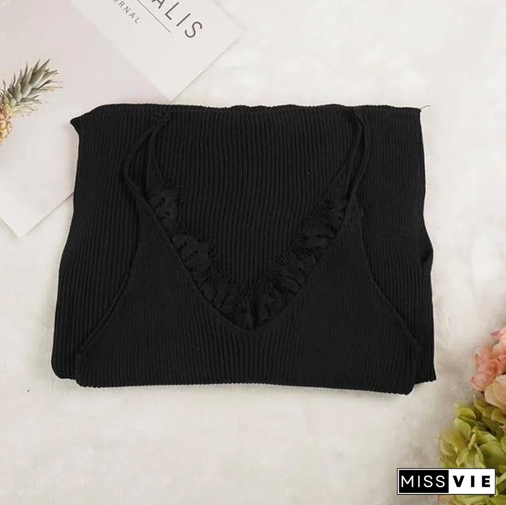 New Women Spaghetti Strap Dresses Split V-Neck Lace Patchwork Knitted Dress Ladies Sleeveless Bodycon Tank Dress Vestidos P022