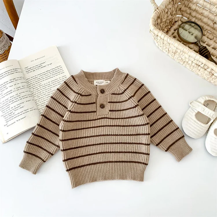 Baby Button Broad-striped Knitted Sweater Overalls