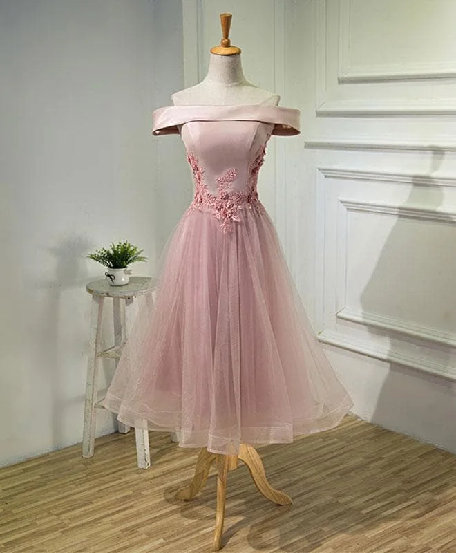 Pink A Line Off Shoulder Tea Length Prom Dress, Lace Evening Dress