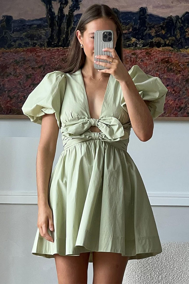 Deep V Neck Puff Sleeve Front Bow A-Line Mini Dresses-Green