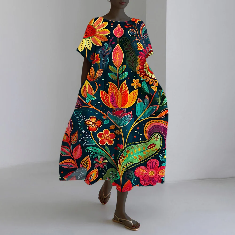 Tribal Floral Print Women's Linen Maxi Dress