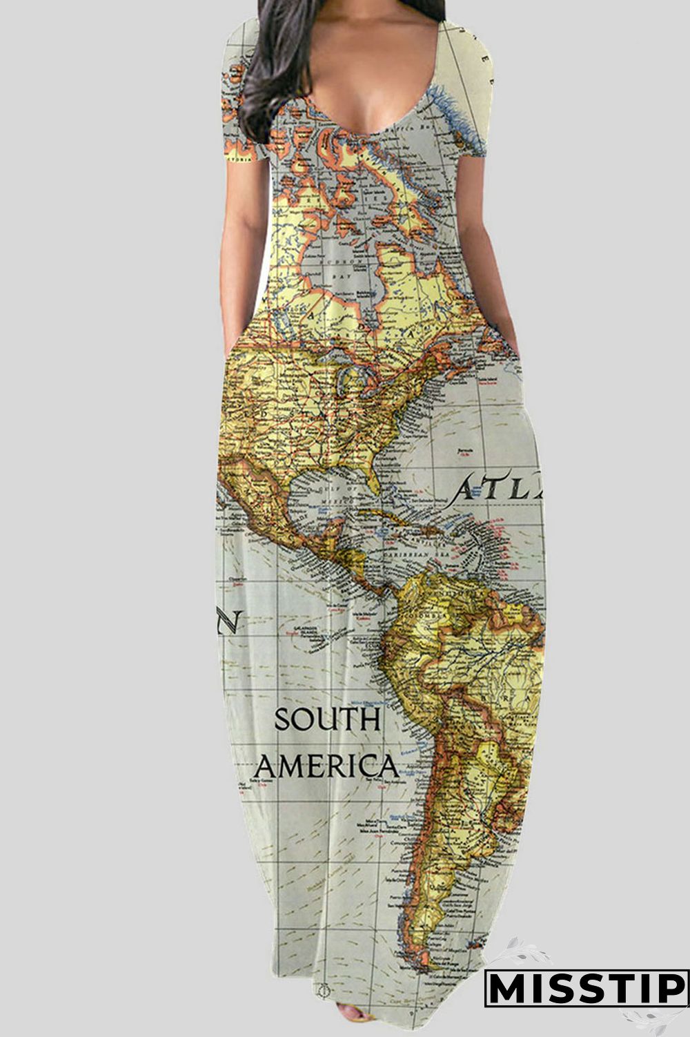 Black Casual Print Patchwork V Neck Straight Dresses