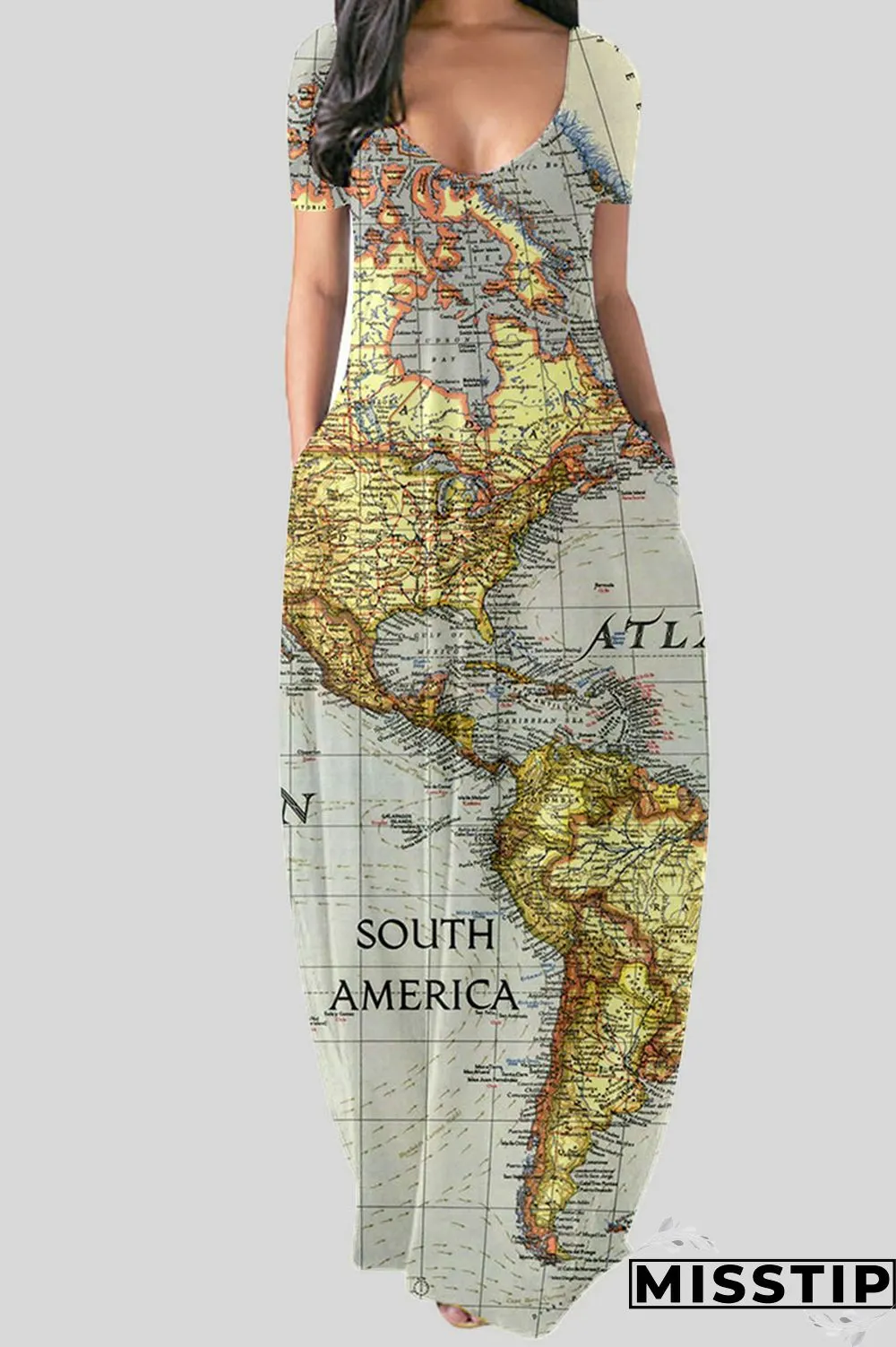 Black Casual Print Patchwork V Neck Straight Dresses
