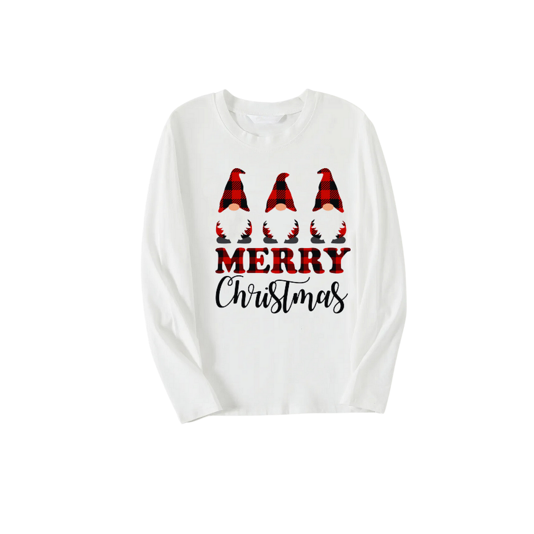MERRY Christmas Letters and Santa Hat Printed White Top with Red & Green Plaid Pants Family Pajamas