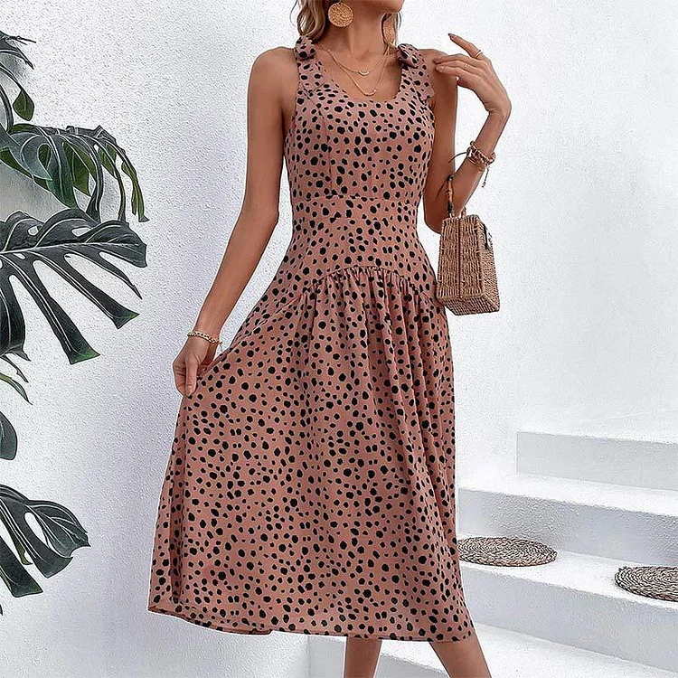 Elegant Polka Dot Print Casual Backless Sleeveless Tie Stylish A-Line Midi Dress