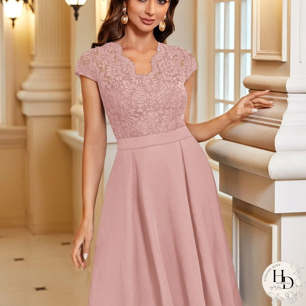 V-neck Contrast Lace A-Line Dress, Elegant Short Sleeve Dress For Party, Women's Clothing