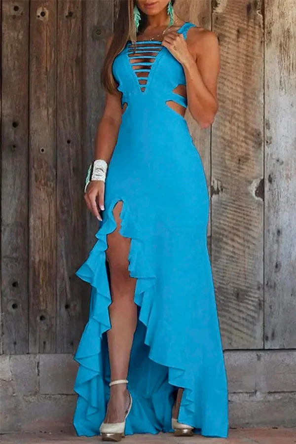 Deep V Neck Cut Out Slit Maxi Ruffle Swing Dress