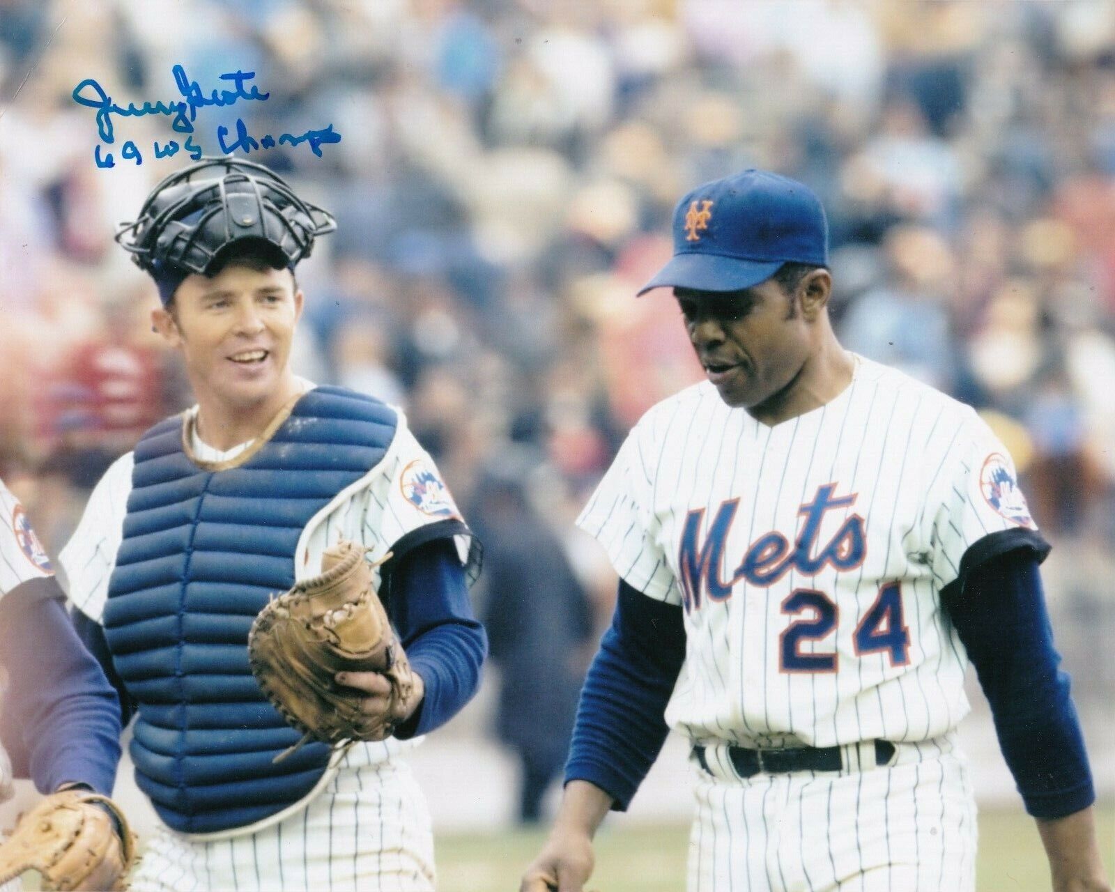 JERRY GROTE NEW YORK METS W/ WILLIE MAYS ACTION SIGNED 8x10