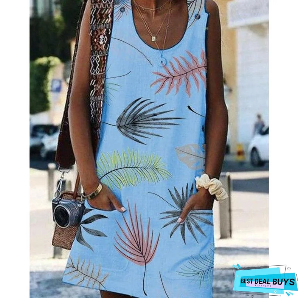 Flower print sleeveless women dress Summer casual mini beach dress with pocket Straight dresses female vestido festa