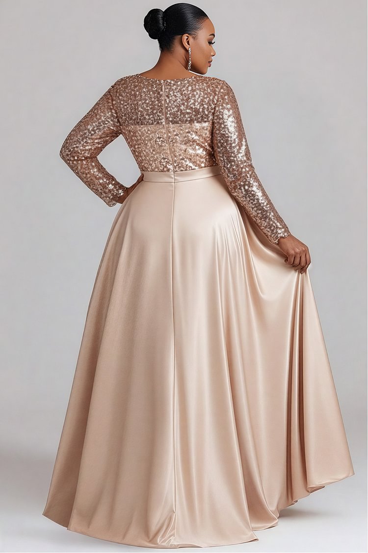 Xpluswear Design Plus Size Formal Sequin Champagne Round Neck Long Sleeve With Skirt Overlay Elegant Satin Maxi Dresses [Pre-Order]