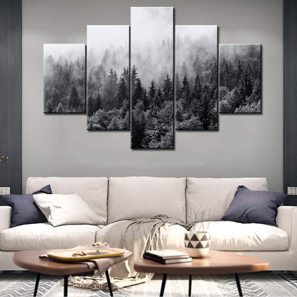 Wall Art Decor Large 5 Piece Black and White Sunshine Foggy Forest Landscape Canvas Prints Trees Wall Decoration Framed and Stretched Painiting for Living Room Office Artwork Ready to Hang 60 inch W x 40 inch H 60&#034;W x 40&#034;H