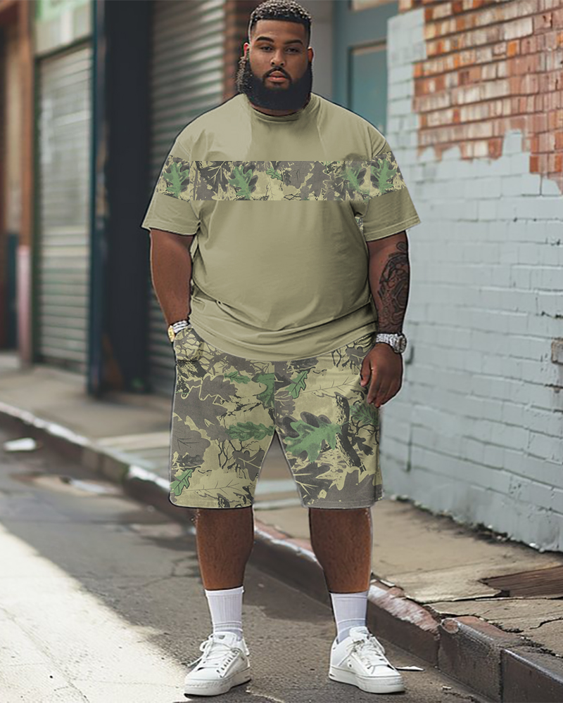 Men's Plus Size Colorblock Print T-Shirt Shorts Suit