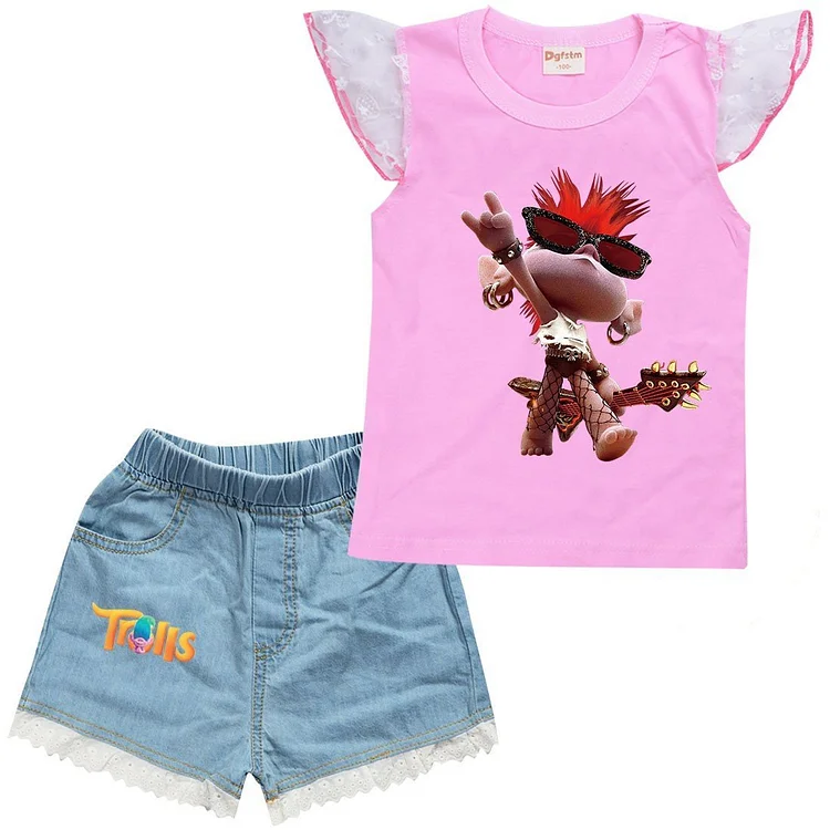 Girls Rock Trolls Print Ruffle Shoulder Tank Top And Denim Shorts Sets-Mayoulove