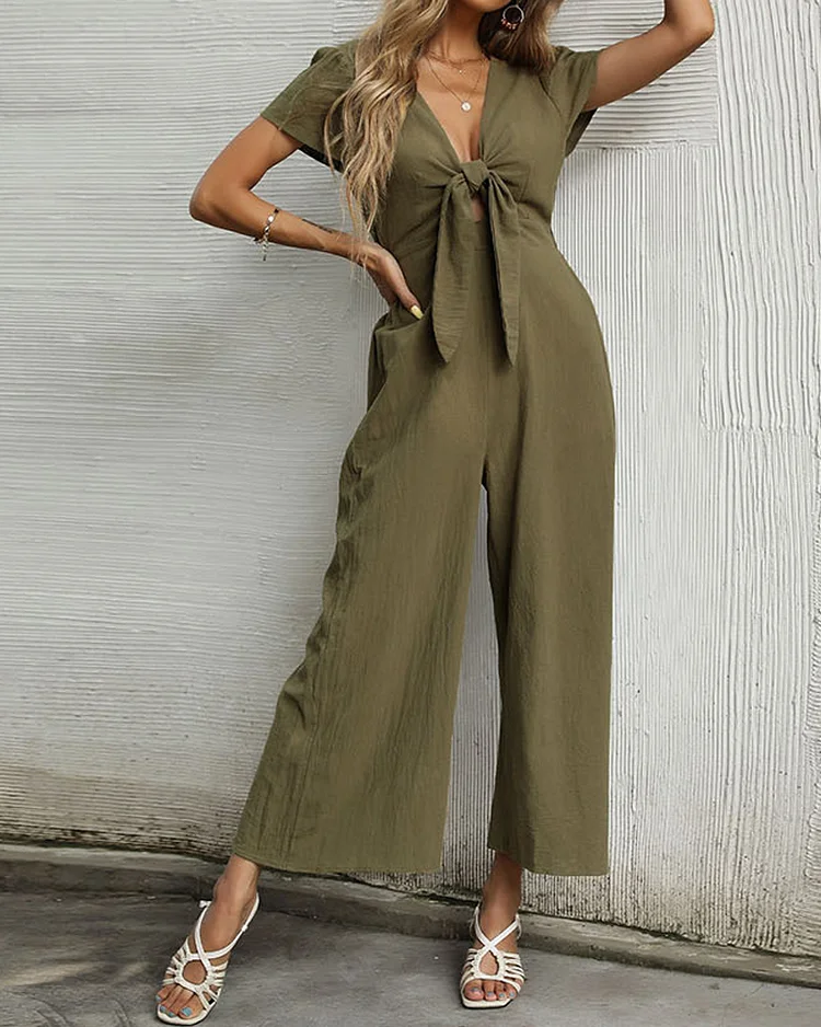 Solid Color Sexy V-neck Cropped Wide-leg Jumpsuit