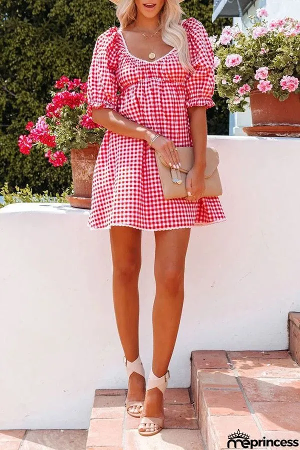 Check Print Lace Panel Backless Mini Dress